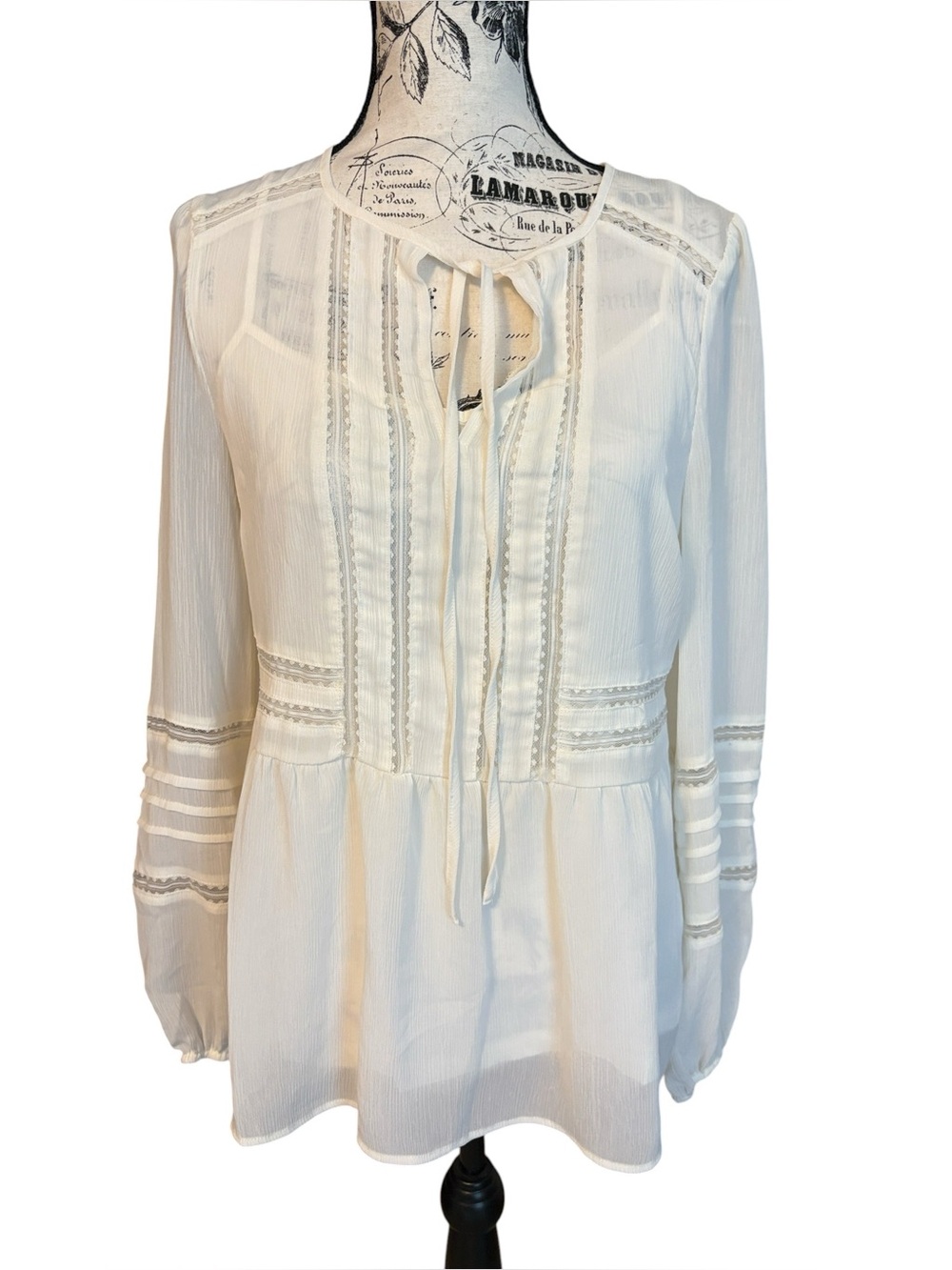 Express Chiffon Peplum Peasant Top Lace Pleated Details Cream Size S